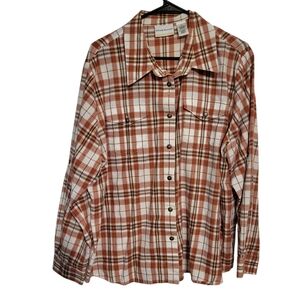 Alfred Dunner Red Gold Plaid Womens Long Sleeve Button Up Top, Plus Size 18W
